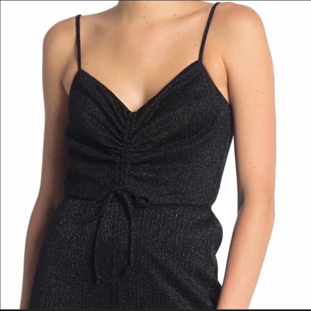 Row A Glitter Front Ruched Sleeveless Jumpsuit V Neck Spaghetti Black L
